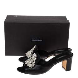 Pre Owned Dolce & Gabbana Black Lizard Embossed Leather Crystal Embellished Slide Sandals Size 40