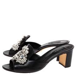 Pre Owned Dolce & Gabbana Black Lizard Embossed Leather Crystal Embellished Slide Sandals Size 40