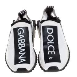 Pre Owned Dolce & Gabbana White/Black Stretch Fabric Logo Sorrento Slip On Sneakers Size 38.5