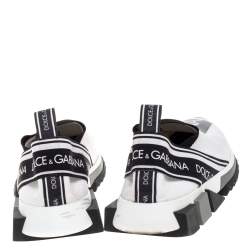 Pre Owned Dolce & Gabbana White/Black Stretch Fabric Logo Sorrento Slip On Sneakers Size 38.5