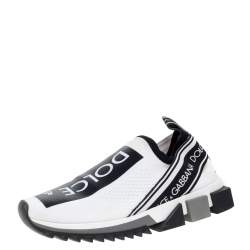 Pre Owned Dolce & Gabbana White/Black Stretch Fabric Logo Sorrento Slip On Sneakers Size 38.5
