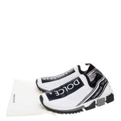 Pre Owned Dolce & Gabbana White/Black Stretch Fabric Logo Sorrento Slip On Sneakers Size 38.5