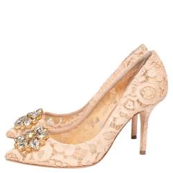Pre Owned Dolce and Gabbana Beige Lace Bellucci Crystal Embellished Pointed Toe Pumps Size 39