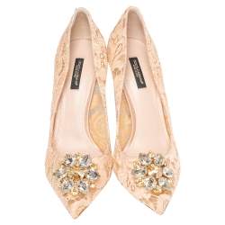 Pre Owned Dolce and Gabbana Beige Lace Bellucci Crystal Embellished Pointed Toe Pumps Size 39
