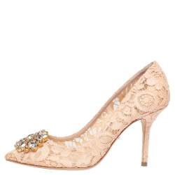 Pre Owned Dolce and Gabbana Beige Lace Bellucci Crystal Embellished Pointed Toe Pumps Size 39