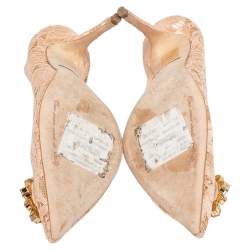Pre Owned Dolce and Gabbana Beige Lace Bellucci Crystal Embellished Pointed Toe Pumps Size 39