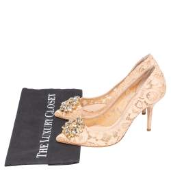 Pre Owned Dolce and Gabbana Beige Lace Bellucci Crystal Embellished Pointed Toe Pumps Size 39