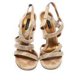 Pre Owned Dolce & Gabbana Beige Suede Crystal Embellished Slingback Sandals Size 38