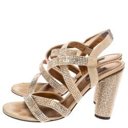 Pre Owned Dolce & Gabbana Beige Suede Crystal Embellished Slingback Sandals Size 38