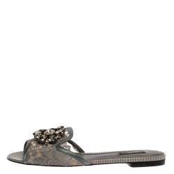 Pre Owned Dolce & Gabbana Grey Lace Sofia Crystal Embellished Slide Flats Size 39