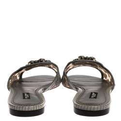 Pre Owned Dolce & Gabbana Grey Lace Sofia Crystal Embellished Slide Flats Size 39