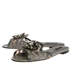 Pre Owned Dolce & Gabbana Grey Lace Sofia Crystal Embellished Slide Flats Size 39