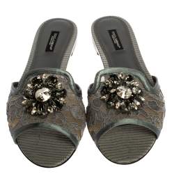 Pre Owned Dolce & Gabbana Grey Lace Sofia Crystal Embellished Slide Flats Size 39
