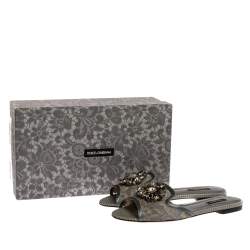 Pre Owned Dolce & Gabbana Grey Lace Sofia Crystal Embellished Slide Flats Size 39