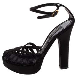 Pre Owned Dolce & Gabbana Black Satin Strappy Platform Sandals Size 36