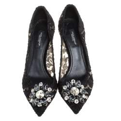 Pre Owned Dolce & Gabbana Black Lace Crystal Embellished Pointed Toe Pumps Size 36.5