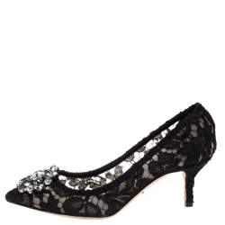 Dolce & Gabbana Black Lace Crystal Embellished Pointed Toe Pumps Size 36.5