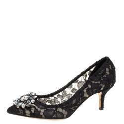 Pre Owned Dolce & Gabbana Black Lace Crystal Embellished Pointed Toe Pumps Size 36.5