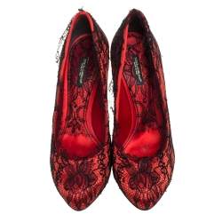 Pre Owned Dolce & Gabbana Red/Black Satin and Lace D'orsay Pumps Size 38