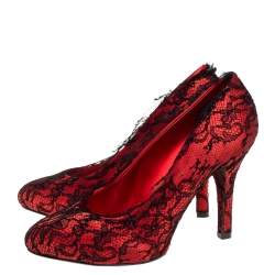 Pre Owned Dolce & Gabbana Red/Black Satin and Lace D'orsay Pumps Size 38