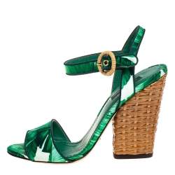 Pre Owned Dolce & Gabbana Green Leaf Print Satin Ankle Strap Sandals Size 38