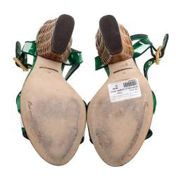 Pre Owned Dolce & Gabbana Green Leaf Print Satin Ankle Strap Sandals Size 38