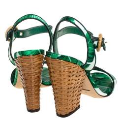 Pre Owned Dolce & Gabbana Green Leaf Print Satin Ankle Strap Sandals Size 38