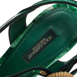 Pre Owned Dolce & Gabbana Green Leaf Print Satin Ankle Strap Sandals Size 38
