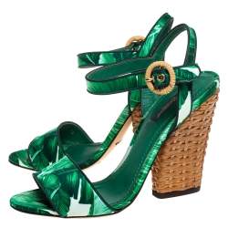 Pre Owned Dolce & Gabbana Green Leaf Print Satin Ankle Strap Sandals Size 38