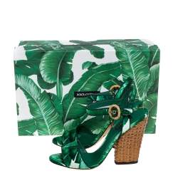 Pre Owned Dolce & Gabbana Green Leaf Print Satin Ankle Strap Sandals Size 38