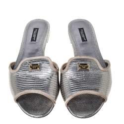 Pre Owned Dolce & Gabbana  Sliver Lizard Embossed Leather Sofia Flat Slides Size 39