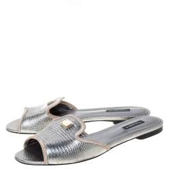 Pre Owned Dolce & Gabbana  Sliver Lizard Embossed Leather Sofia Flat Slides Size 39