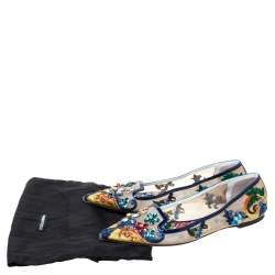 Pre Owned Dolce & Gabbana Multicolor Embroidered Mesh and Patent Leather Trim Mojolica Jewel Embellished Pointed Toe Ballet Flat Size 41