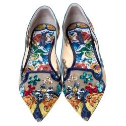 Pre Owned Dolce & Gabbana Multicolor Embroidered Mesh and Patent Leather Trim Mojolica Jewel Embellished Pointed Toe Ballet Flat Size 41