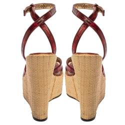 Pre Owned Dolce & Gabbana Red/Maroon Leather Raffia Wedge Ankle Wrap Sandals Size 35.5