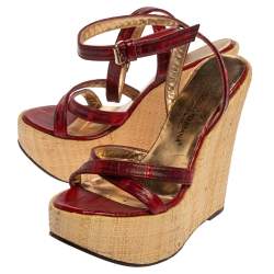 Pre Owned Dolce & Gabbana Red/Maroon Leather Raffia Wedge Ankle Wrap Sandals Size 35.5