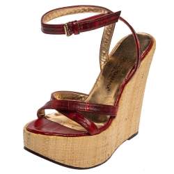 Pre Owned Dolce & Gabbana Red/Maroon Leather Raffia Wedge Ankle Wrap Sandals Size 35.5