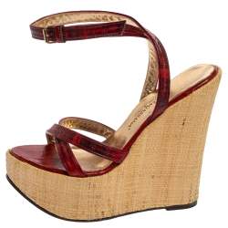 Pre Owned Dolce & Gabbana Red/Maroon Leather Raffia Wedge Ankle Wrap Sandals Size 35.5