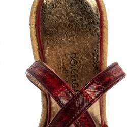 Pre Owned Dolce & Gabbana Red/Maroon Leather Raffia Wedge Ankle Wrap Sandals Size 35.5