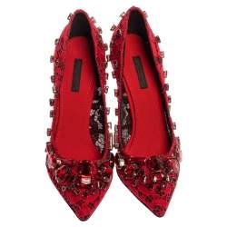 Pre Owned Dolce and Gabbana Red Lace Crystal Embellished Pointed Toe Pumps Size 38
