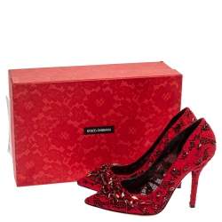 Pre Owned Dolce and Gabbana Red Lace Crystal Embellished Pointed Toe Pumps Size 38