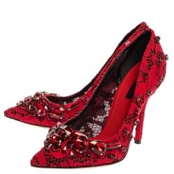 Pre Owned Dolce and Gabbana Red Lace Crystal Embellished Pointed Toe Pumps Size 38