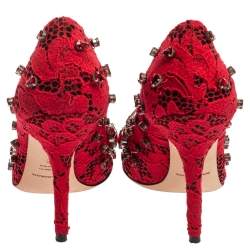 Pre Owned Dolce and Gabbana Red Lace Crystal Embellished Pointed Toe Pumps Size 38