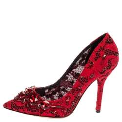 Pre Owned Dolce and Gabbana Red Lace Crystal Embellished Pointed Toe Pumps Size 38