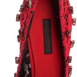 Pre Owned Dolce and Gabbana Red Lace Crystal Embellished Pointed Toe Pumps Size 38