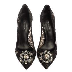 Pre Owned Dolce & Gabbana Black Floral Lace Bellucci Crystal Embellished Pumps Size 36