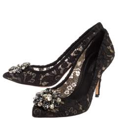 Pre Owned Dolce & Gabbana Black Floral Lace Bellucci Crystal Embellished Pumps Size 36