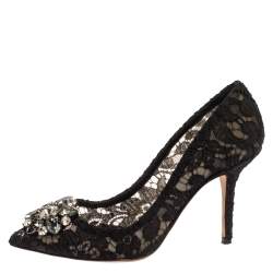 Pre Owned Dolce & Gabbana Black Floral Lace Bellucci Crystal Embellished Pumps Size 36