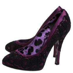 Pre Owned Dolce & Gabbana Black Floral Lace And Burgundy Satin Platform Pumps Size 35