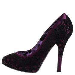 Pre Owned Dolce & Gabbana Black Floral Lace And Burgundy Satin Platform Pumps Size 35